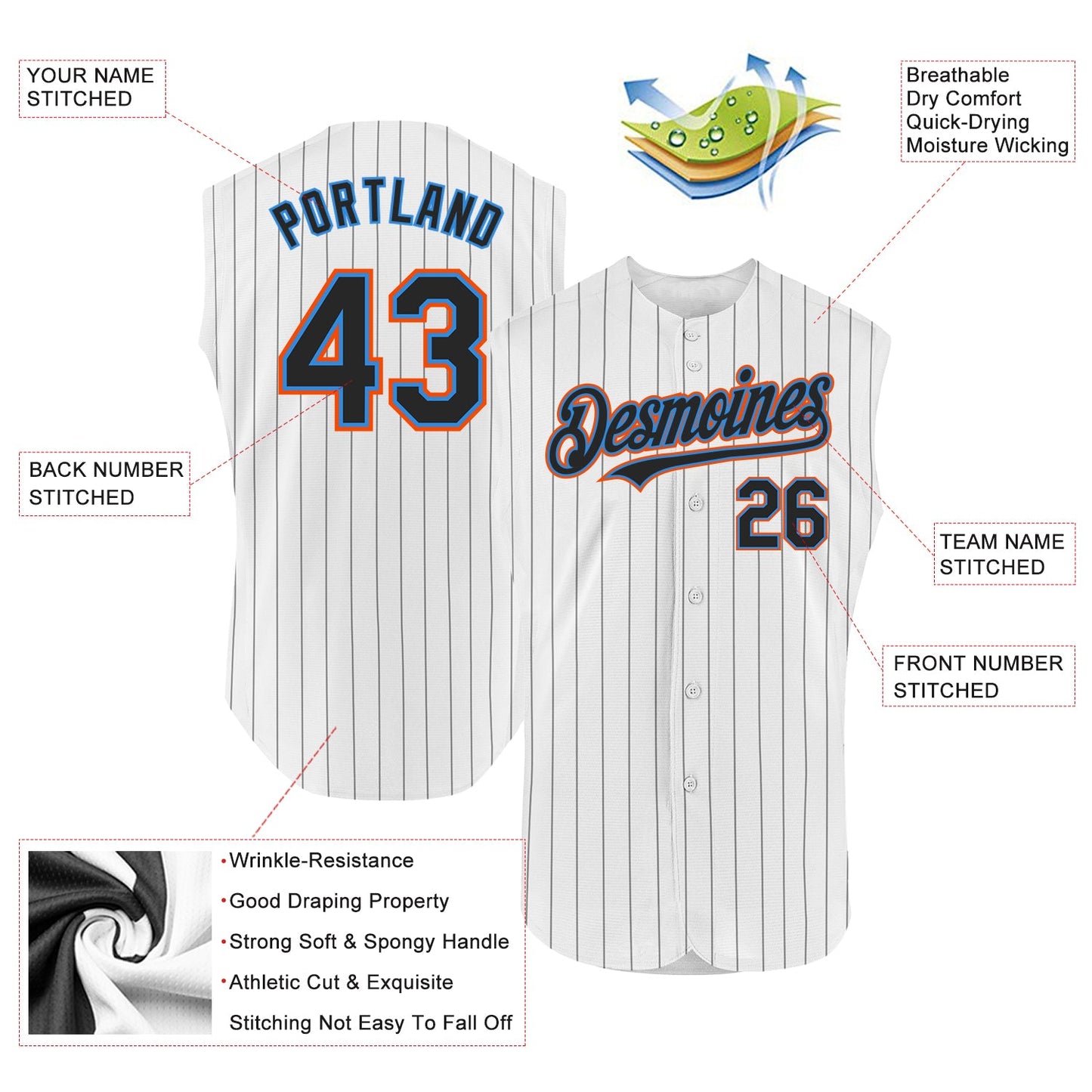 Custom White Black Pinstripe Electric Blue-Orange Authentic Sleeveless Baseball Jersey view 2