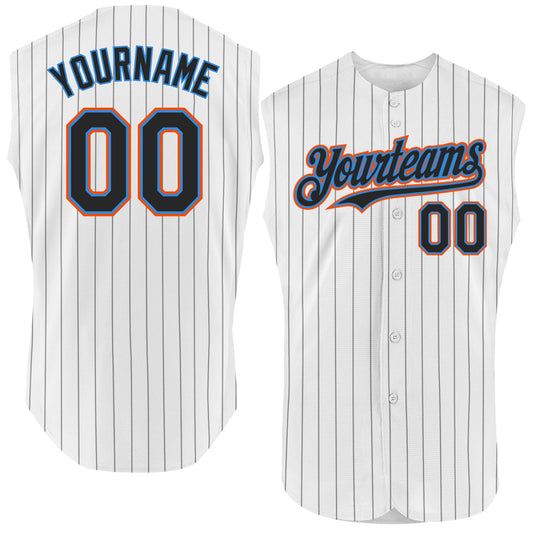Custom White Black Pinstripe Electric Blue-Orange Authentic Sleeveless Baseball Jersey - Main View