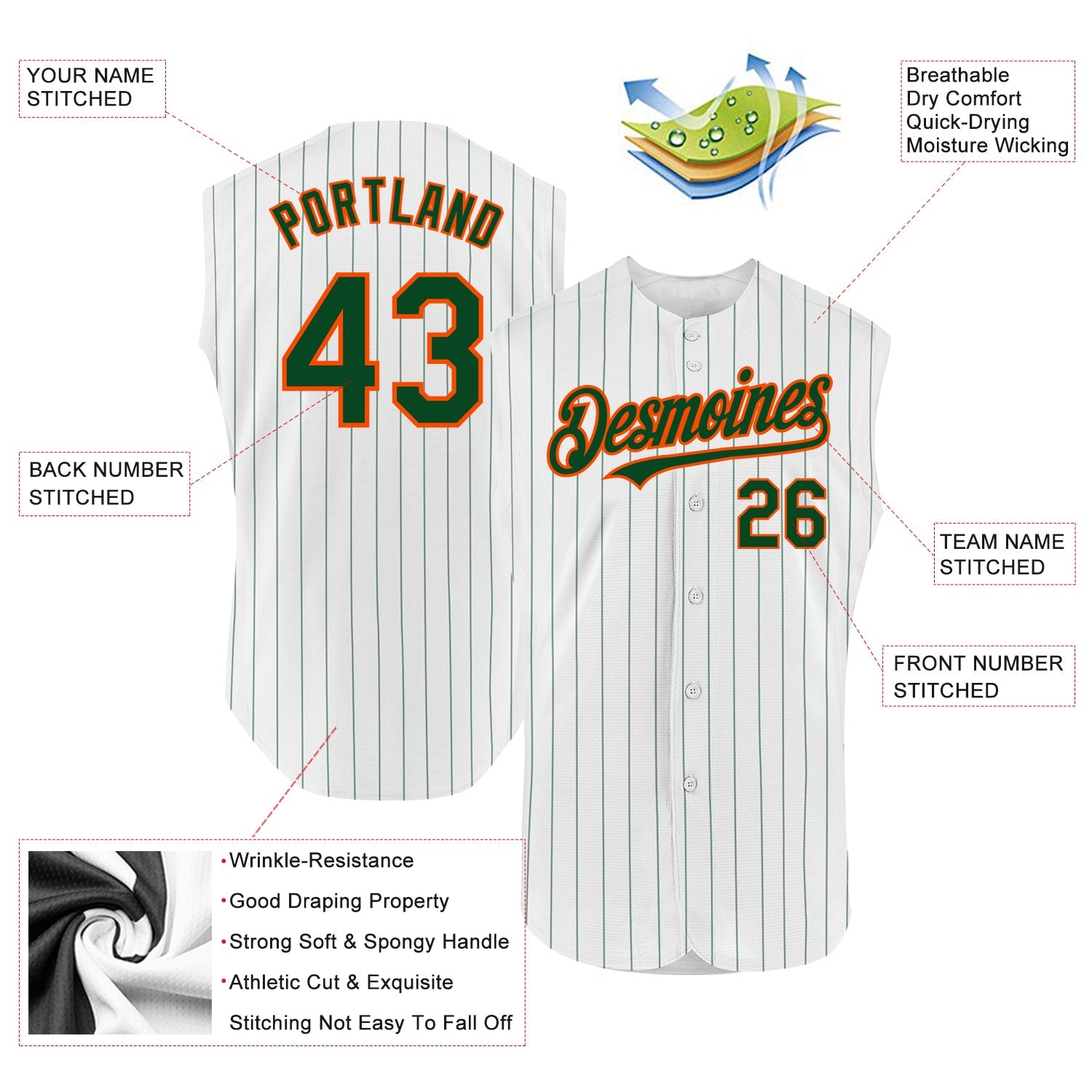 Custom White Green Pinstripe Orange Authentic Sleeveless Baseball Jersey view 2
