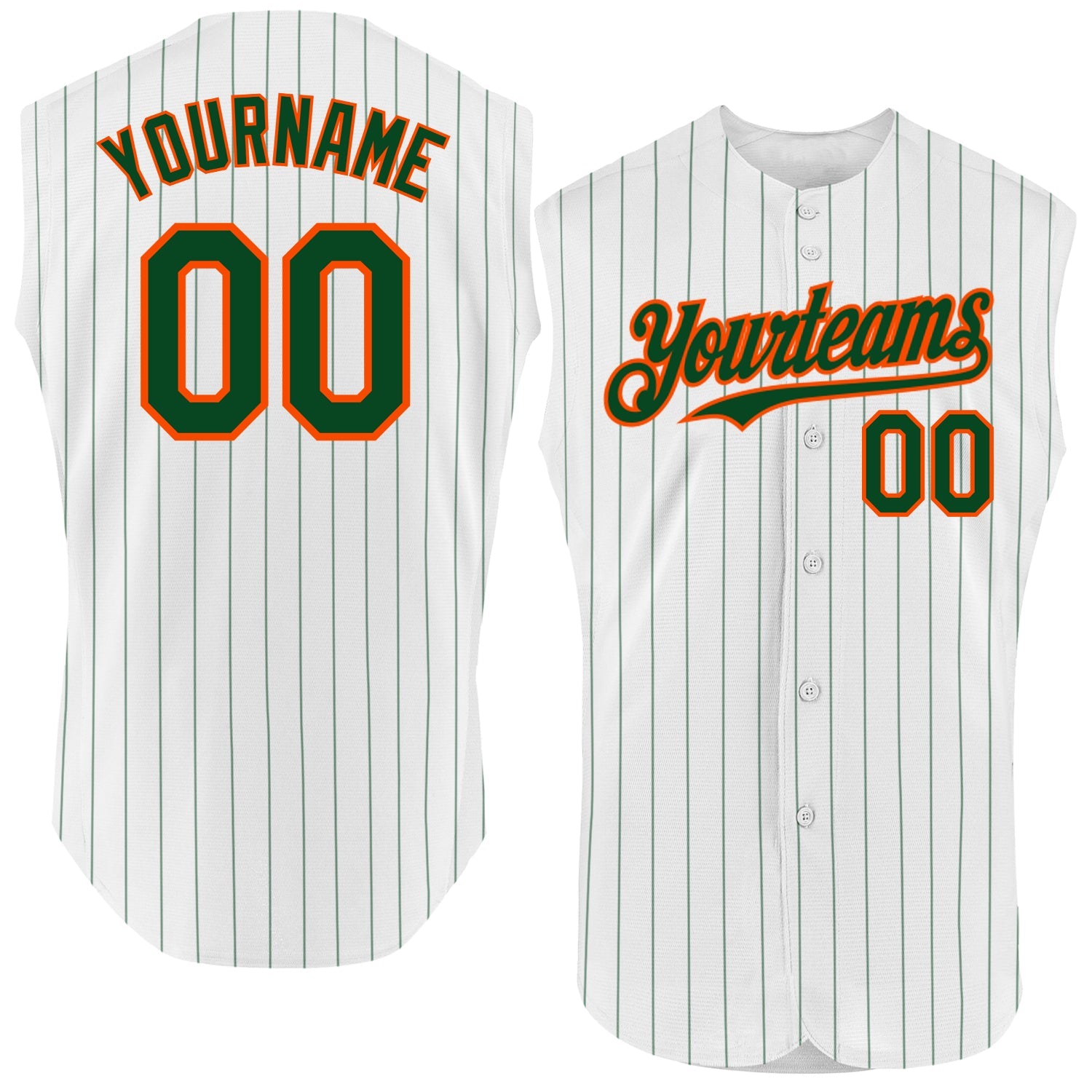 Custom White Green Pinstripe Orange Authentic Sleeveless Baseball Jersey - Main View