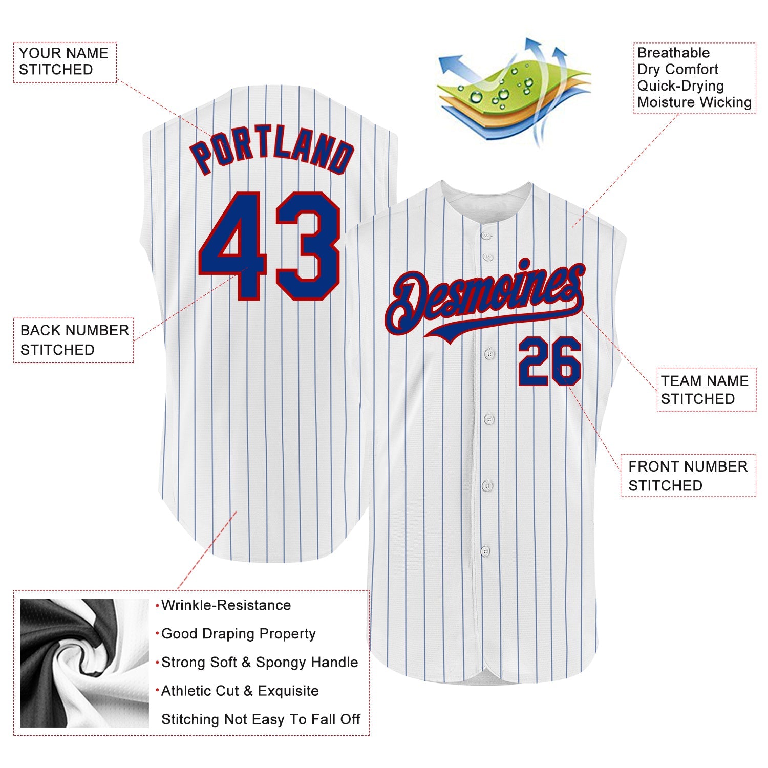 Custom White Royal Pinstripe Red Authentic Sleeveless Baseball Jersey view 2