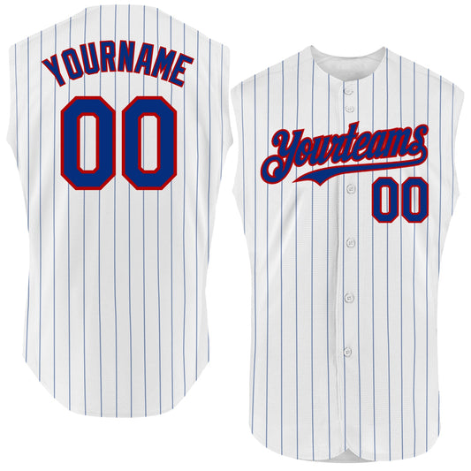 Custom White Royal Pinstripe Red Authentic Sleeveless Baseball Jersey - Main View