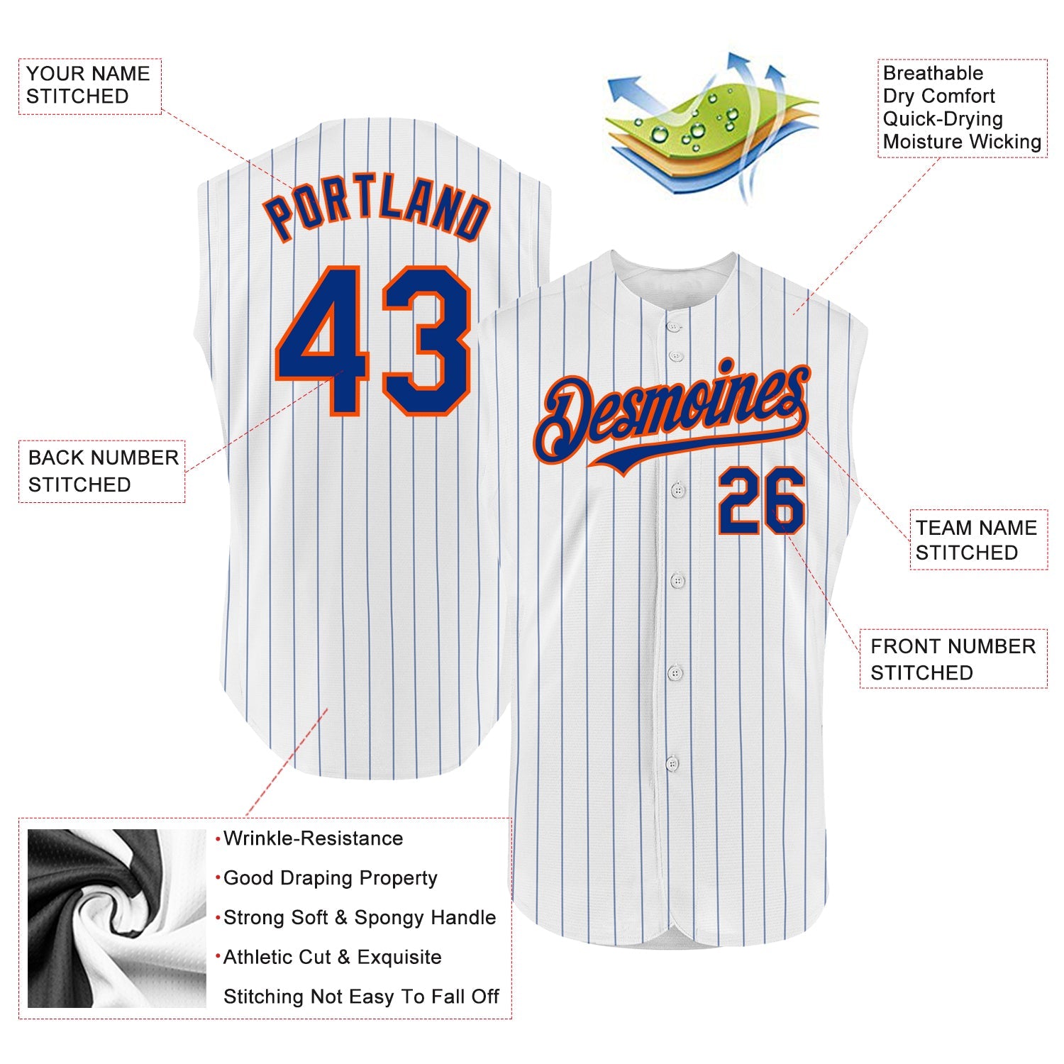 Custom White Royal Pinstripe Orange Authentic Sleeveless Baseball Jersey view 2