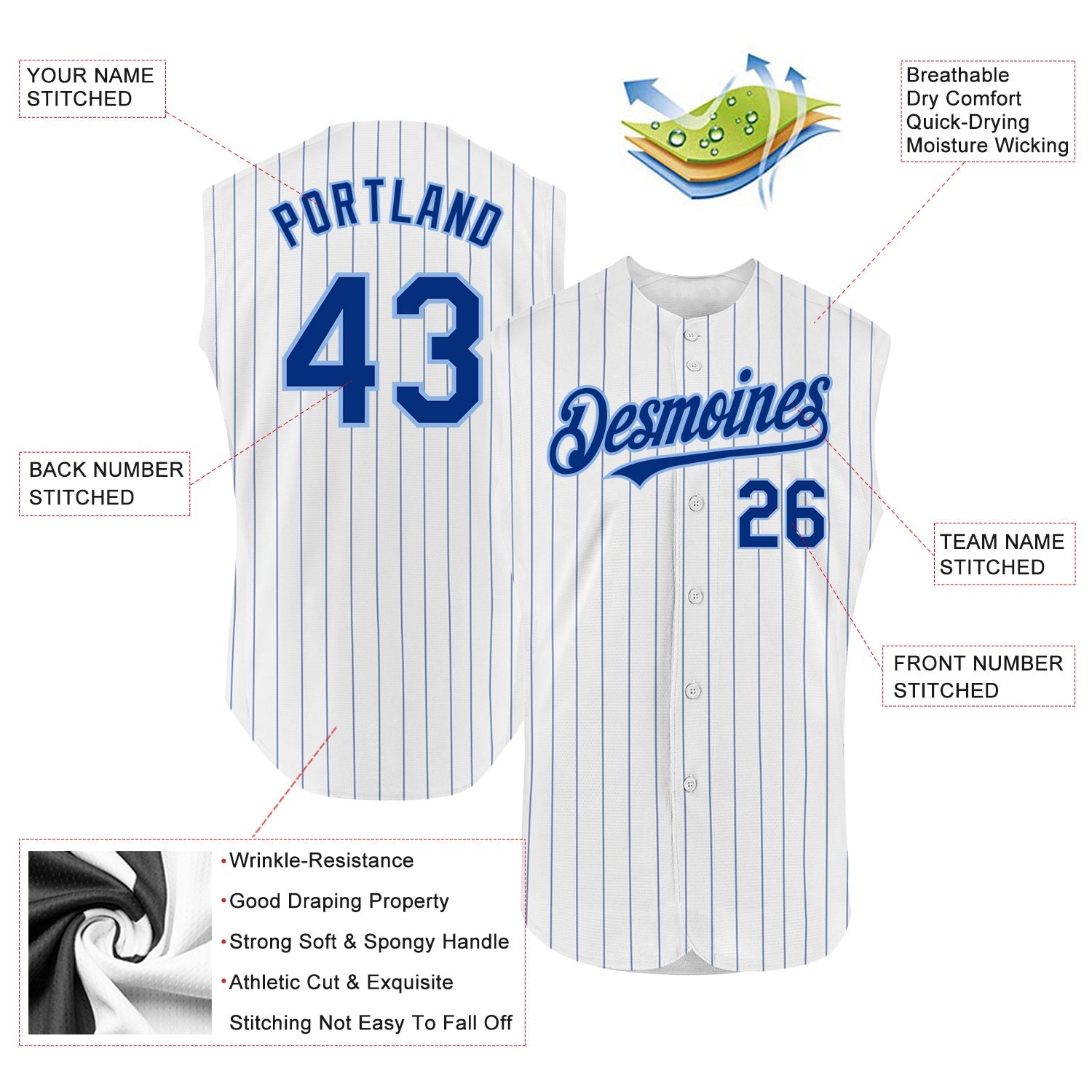 Custom White Royal Pinstripe Light Blue Authentic Sleeveless Baseball Jersey view 2