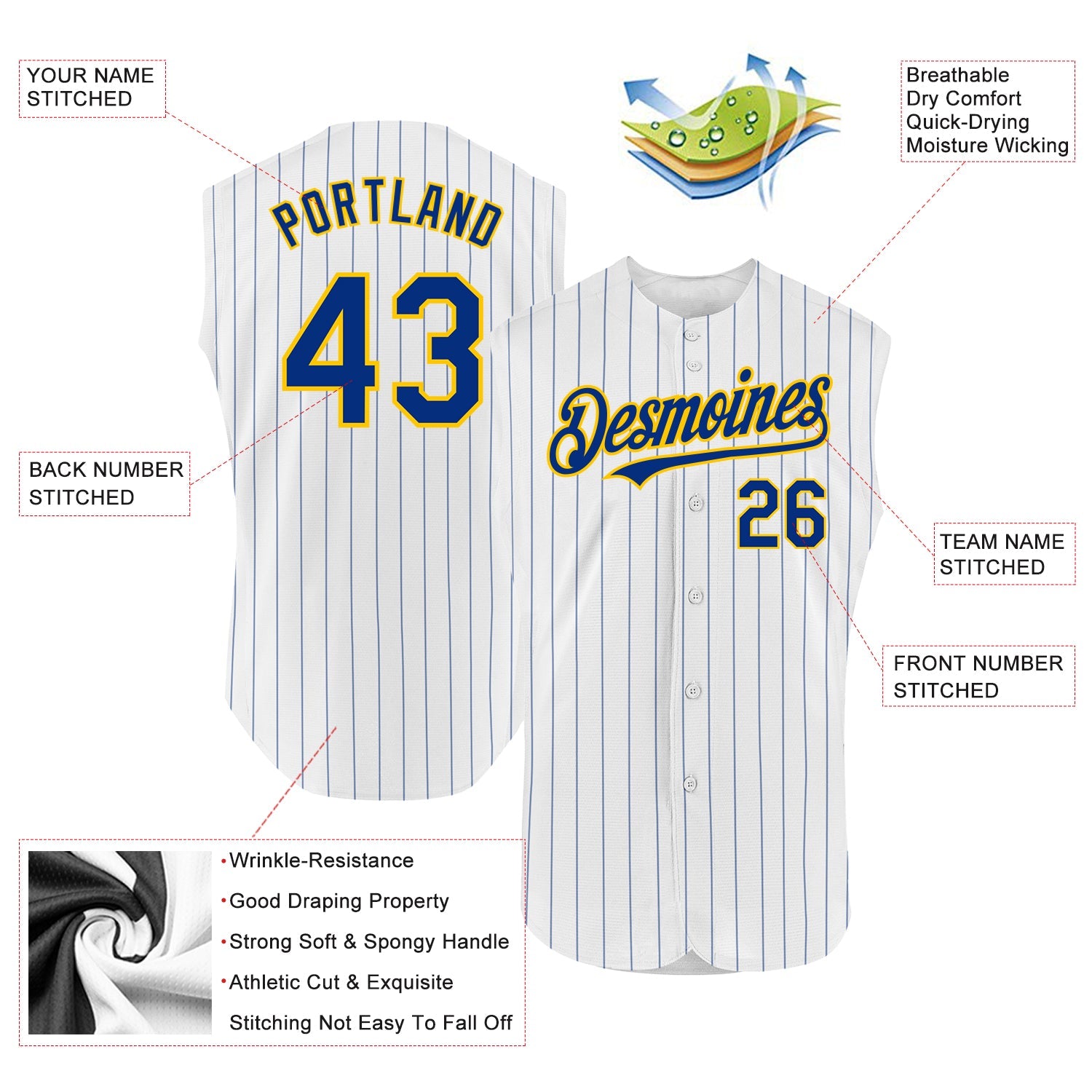 Custom White Royal Pinstripe Yellow Authentic Sleeveless Baseball Jersey view 2