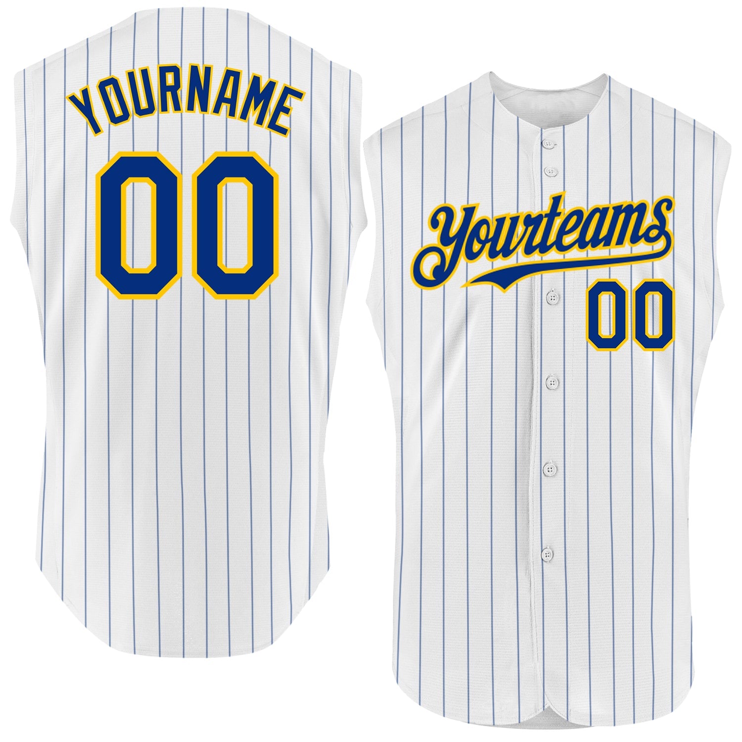 Custom White Royal Pinstripe Yellow Authentic Sleeveless Baseball Jersey - Main View