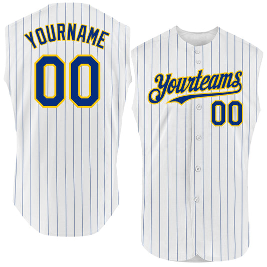 Custom White Royal Pinstripe Yellow Authentic Sleeveless Baseball Jersey - Main View