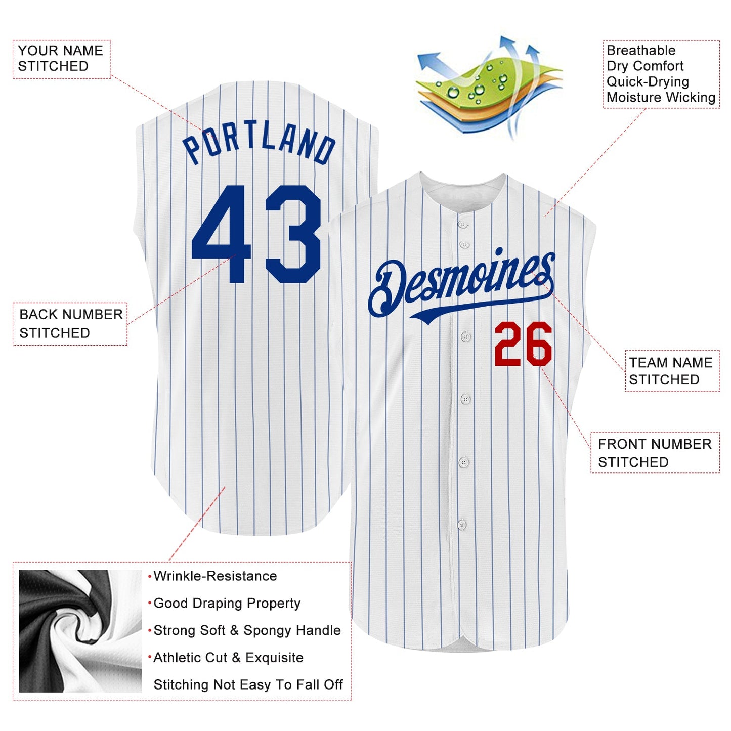Custom White Royal Pinstripe Red Authentic Sleeveless Baseball Jersey view 2