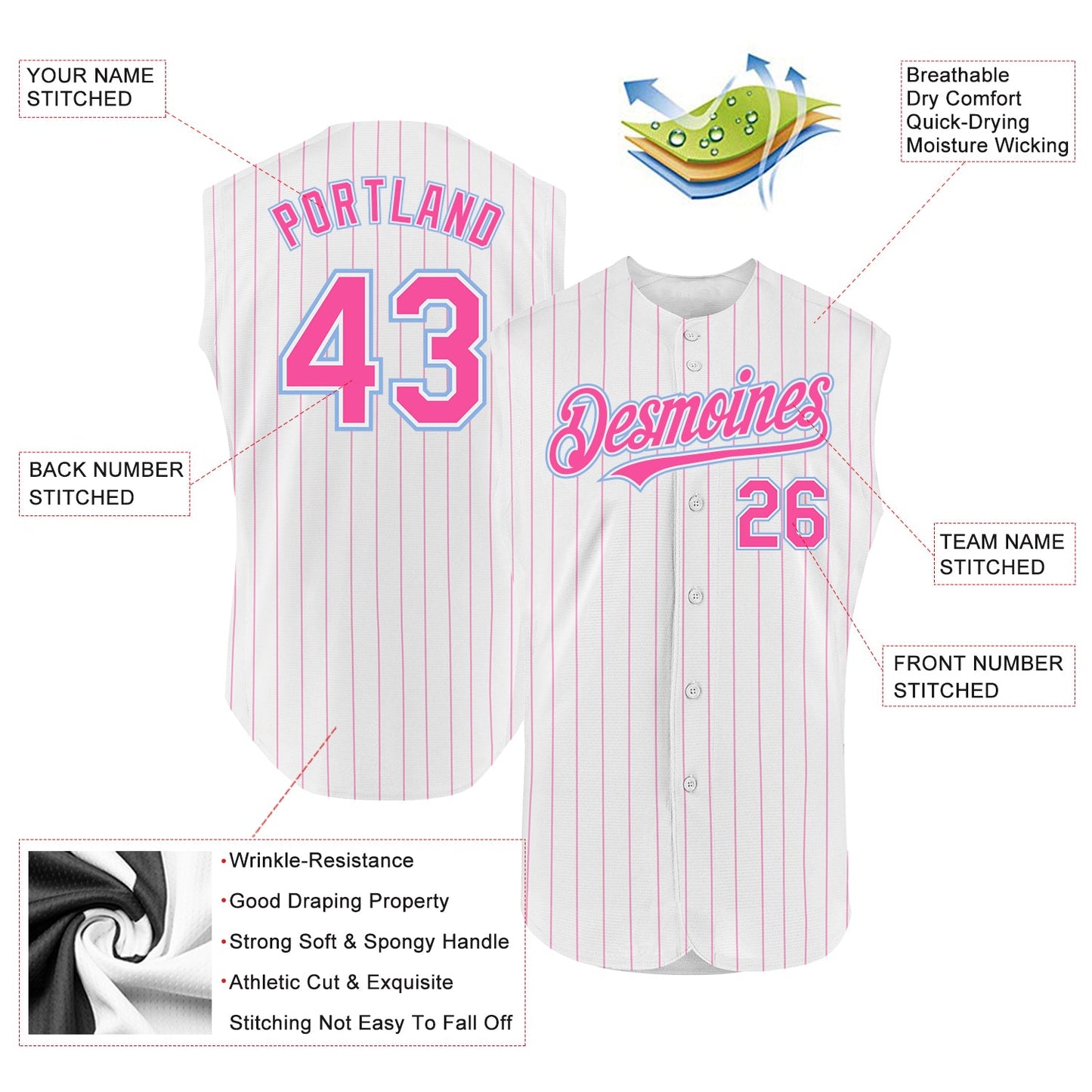 Custom White Pink Pinstripe Light Blue Authentic Sleeveless Baseball Jersey view 2