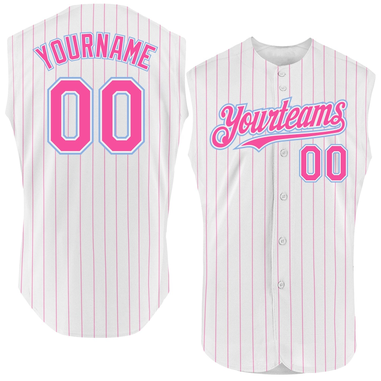 Custom White Pink Pinstripe Light Blue Authentic Sleeveless Baseball Jersey - Main View