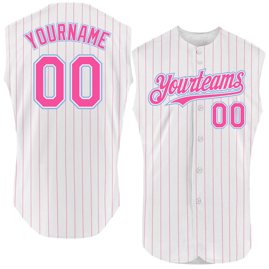 Custom White Pink Pinstripe Light Blue Authentic Sleeveless Baseball Jersey - Main View