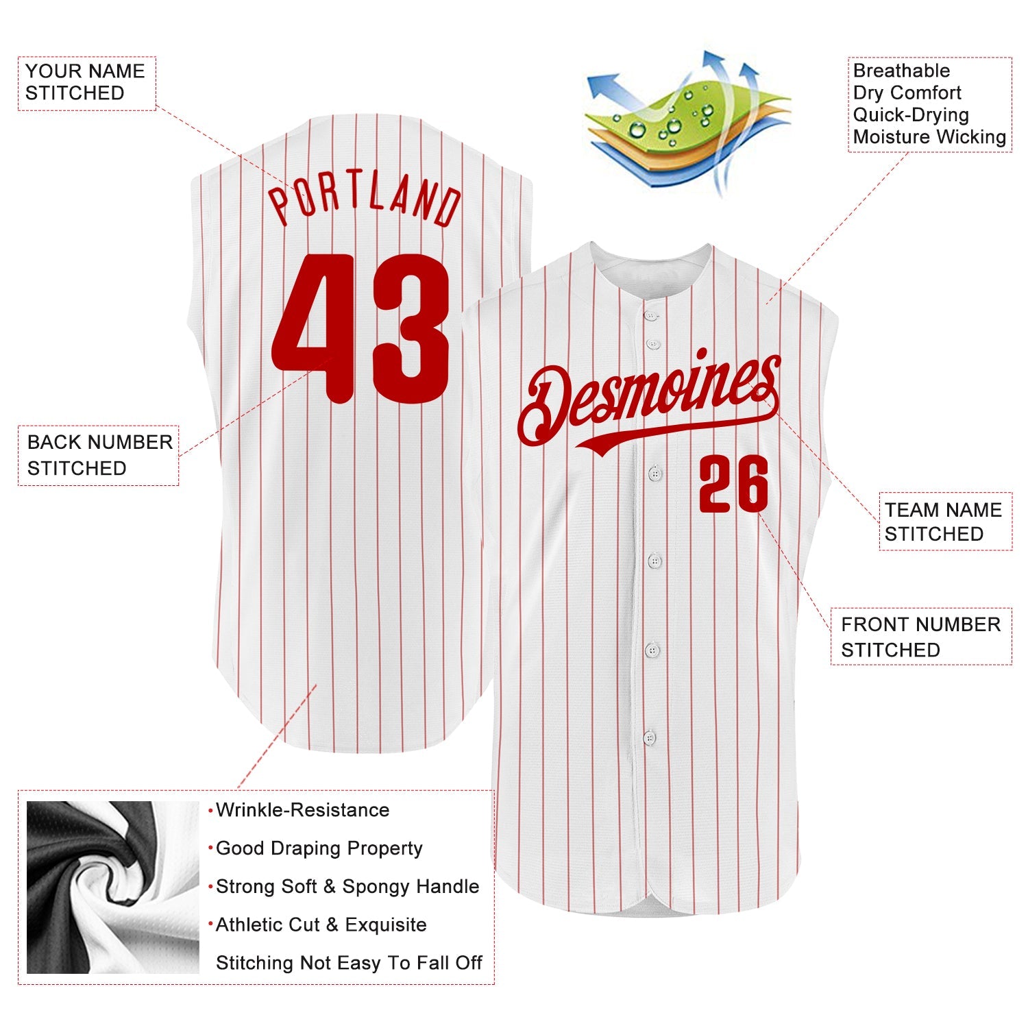 Custom White Red Pinstripe Red Authentic Sleeveless Baseball Jersey view 2