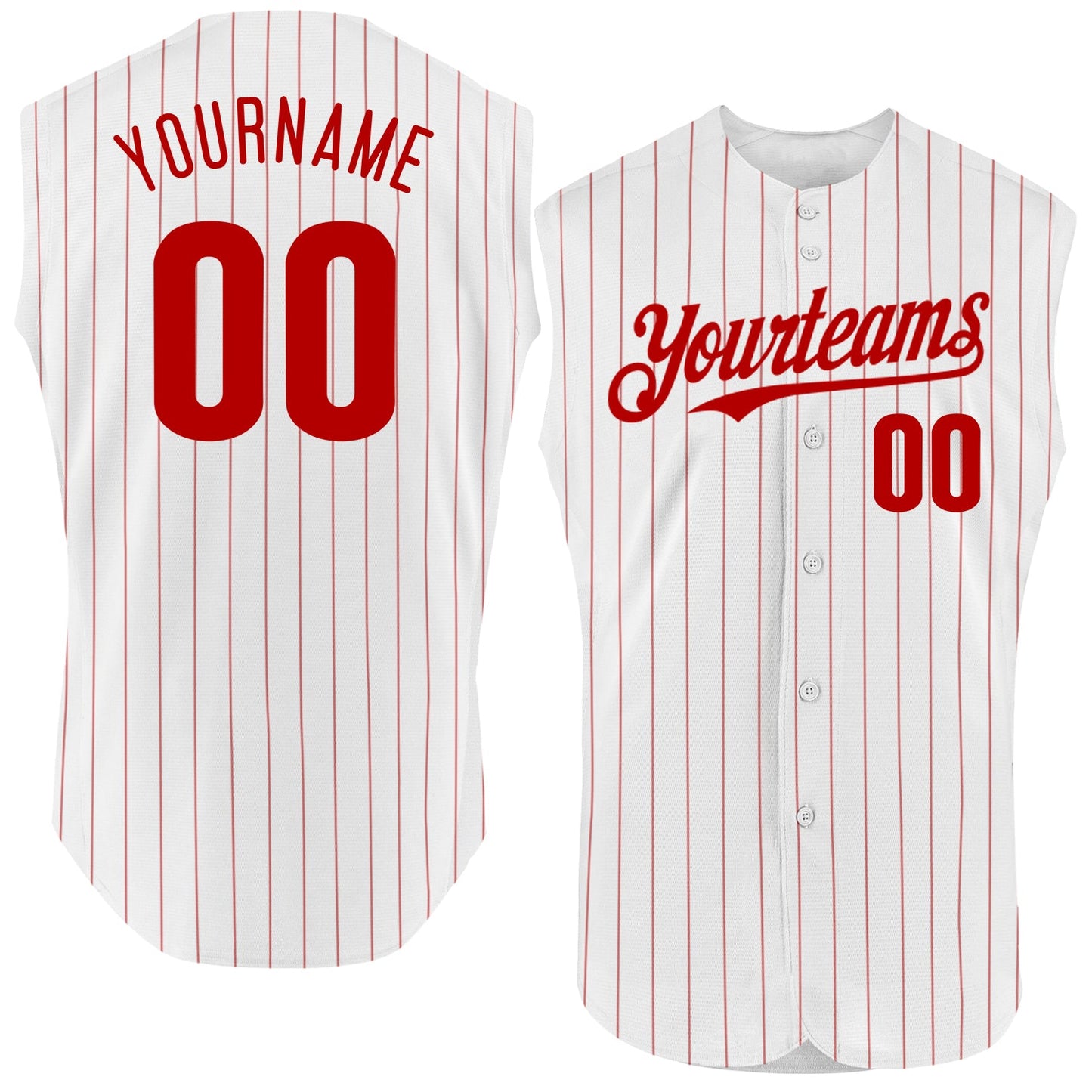 Custom White Red Pinstripe Red Authentic Sleeveless Baseball Jersey - Main View