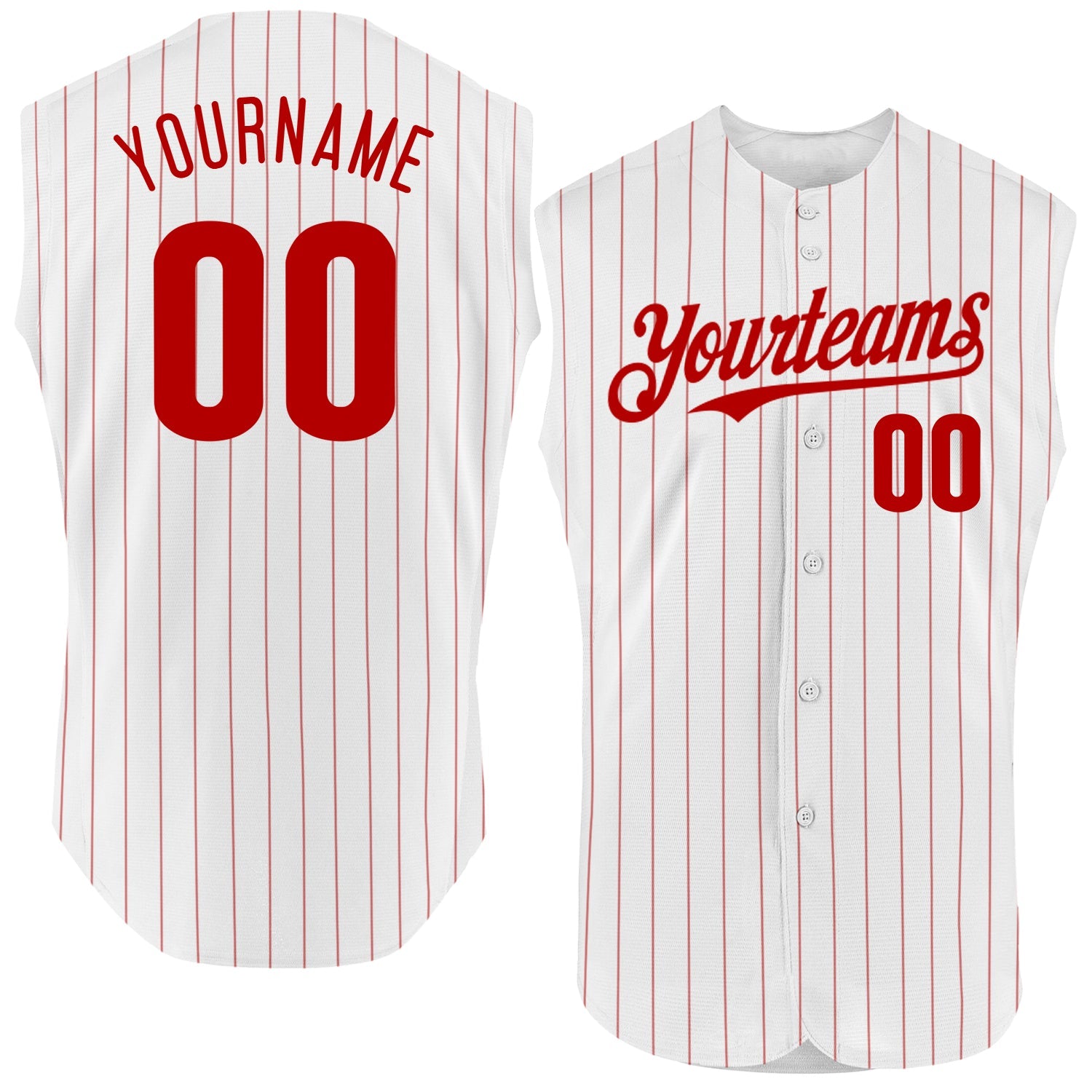 Custom White Red Pinstripe Red Authentic Sleeveless Baseball Jersey - Main View