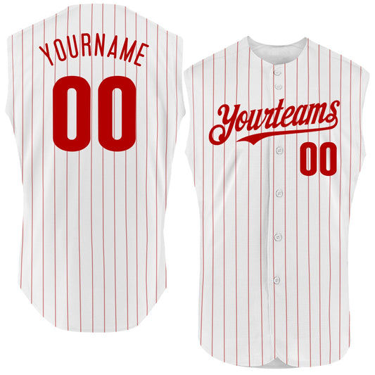 Custom White Red Pinstripe Red Authentic Sleeveless Baseball Jersey - Main View