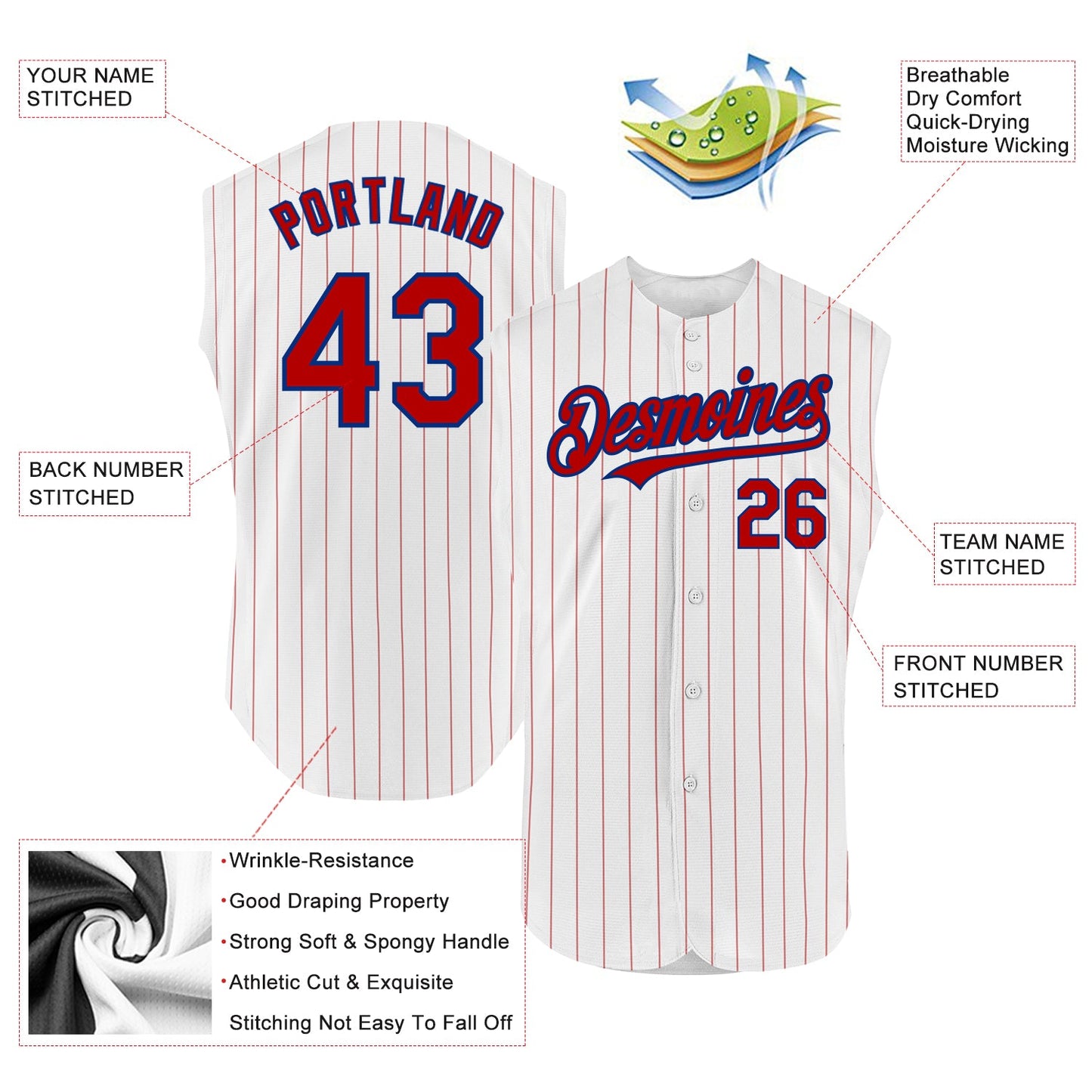 Custom White Red Pinstripe Royal Authentic Sleeveless Baseball Jersey view 2