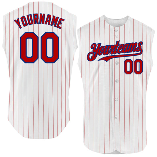 Custom White Red Pinstripe Royal Authentic Sleeveless Baseball Jersey - Main View