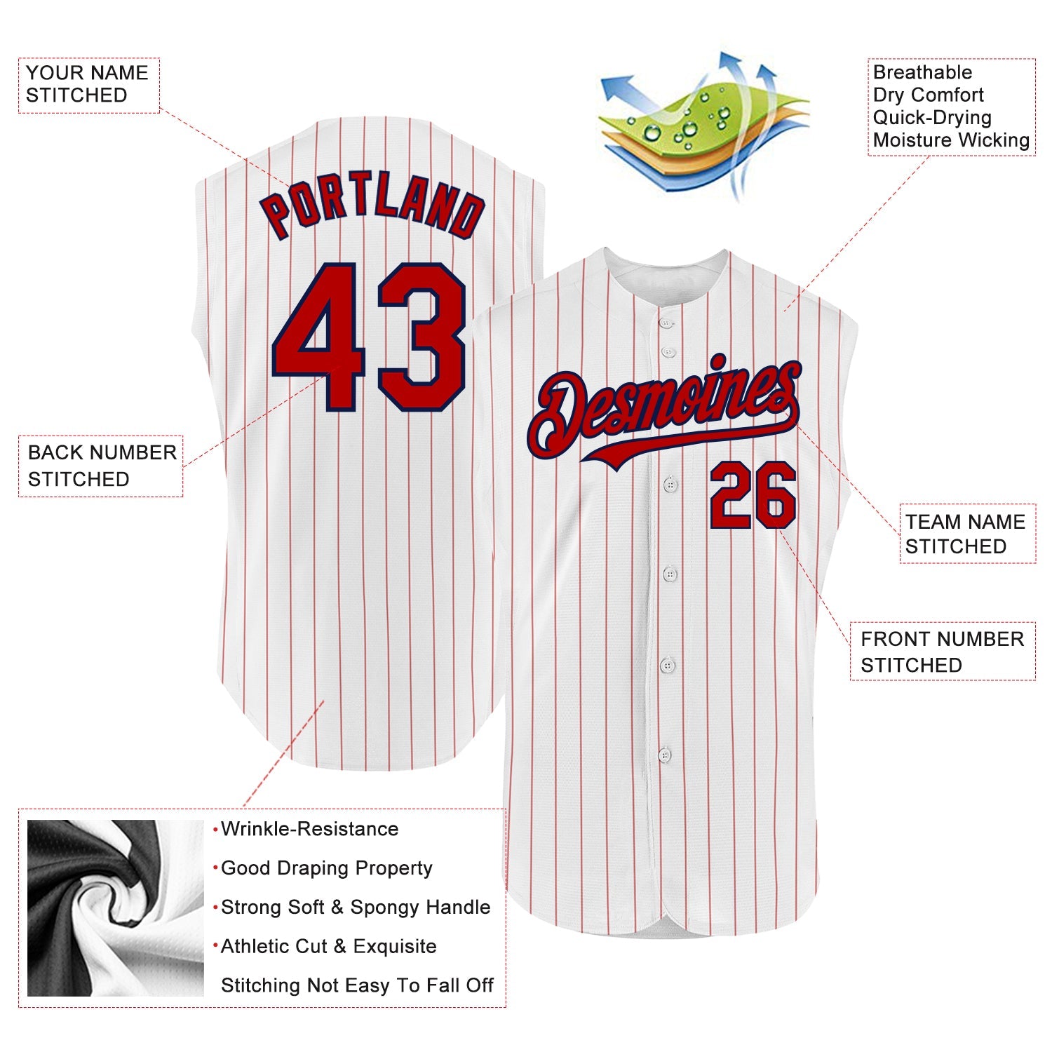 Custom White Red Pinstripe Navy Authentic Sleeveless Baseball Jersey view 2