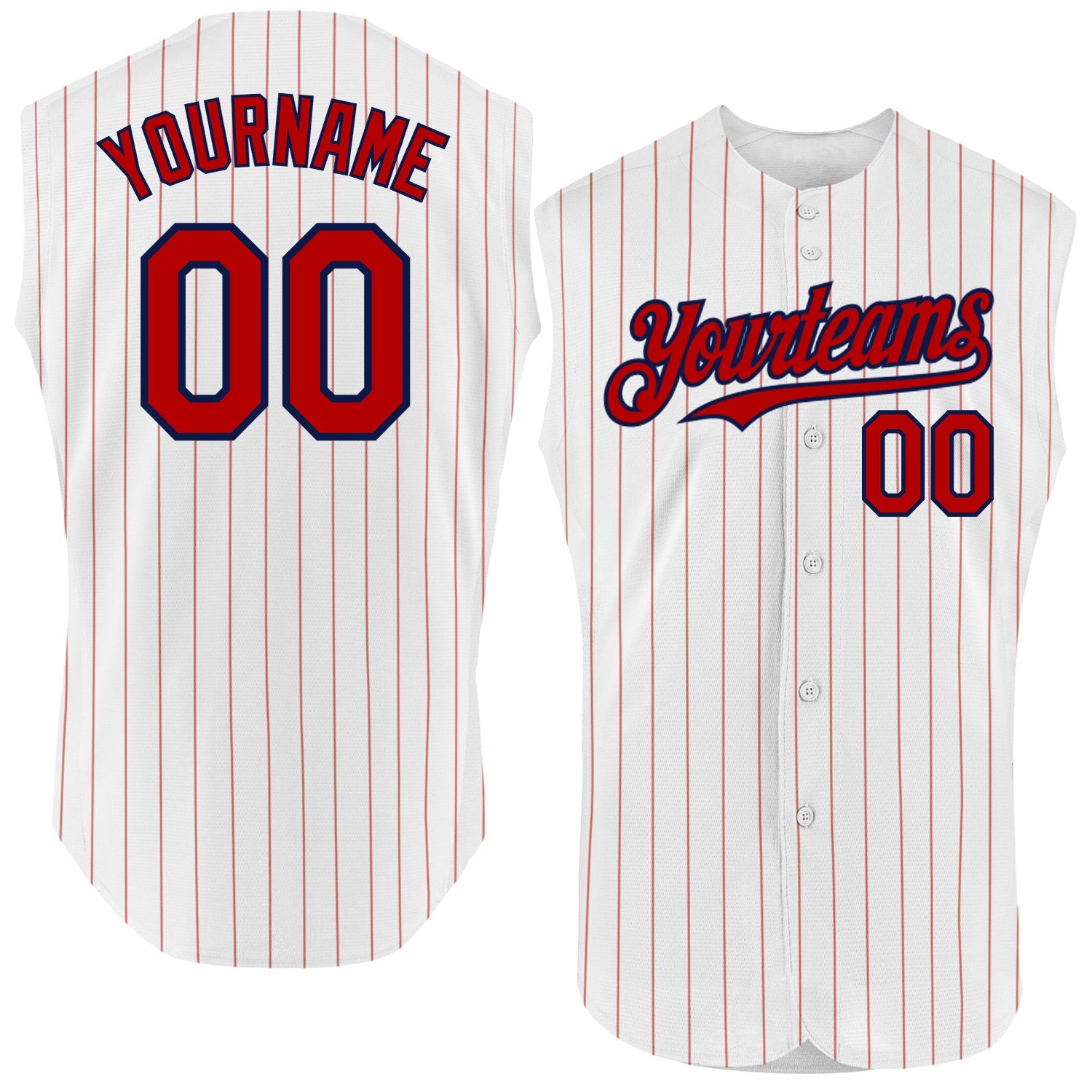 Custom White Red Pinstripe Navy Authentic Sleeveless Baseball Jersey - Main View