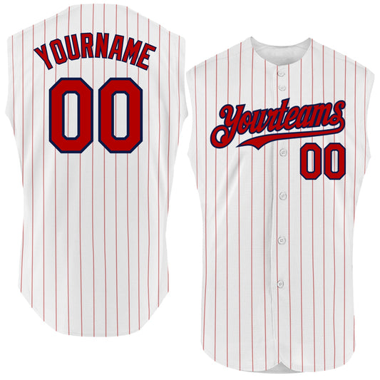 Custom White Red Pinstripe Navy Authentic Sleeveless Baseball Jersey - Main View