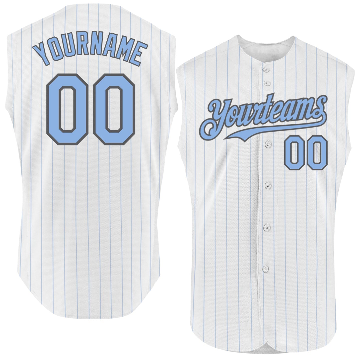 Custom White Light Blue Pinstripe Steel Gray Authentic Sleeveless Baseball Jersey - Main View
