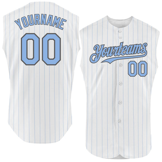 Custom White Light Blue Pinstripe Steel Gray Authentic Sleeveless Baseball Jersey - Main View