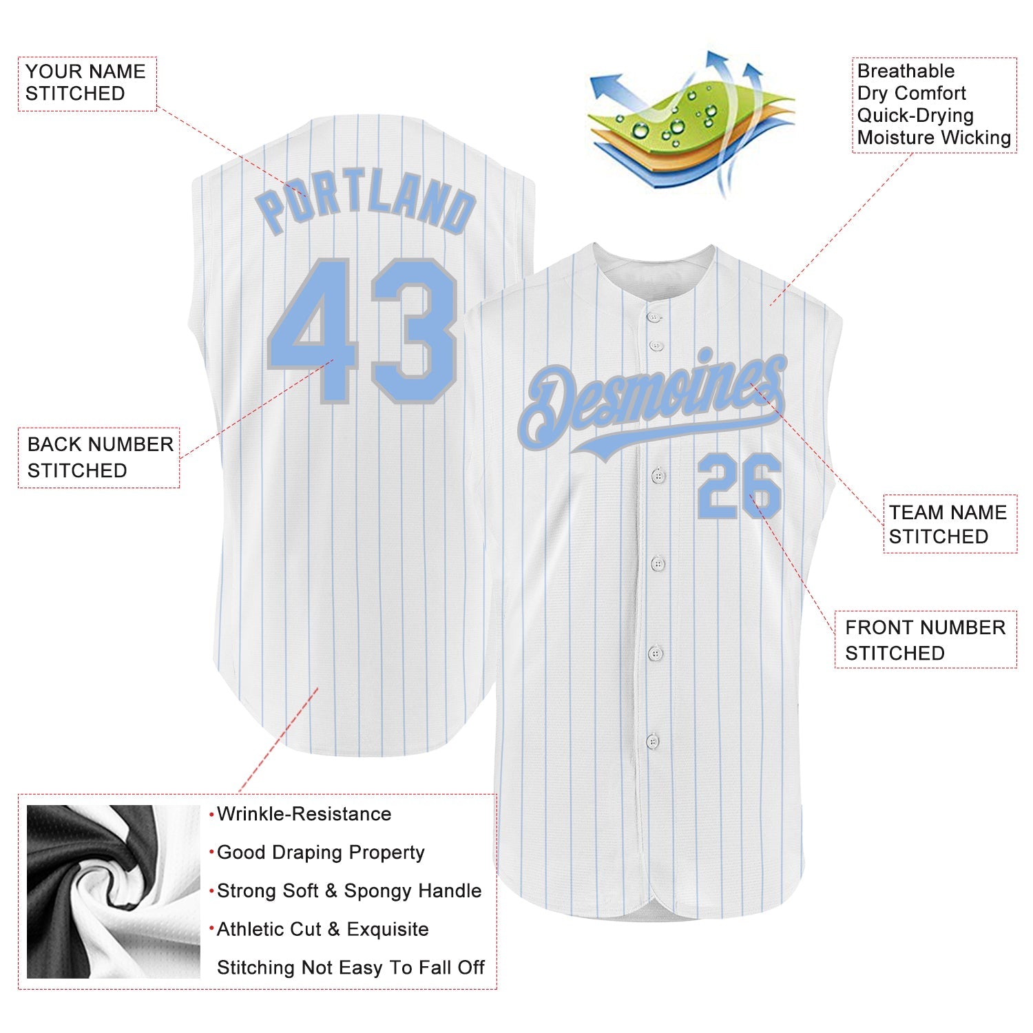 Custom White Light Blue Pinstripe Gray Authentic Sleeveless Baseball Jersey view 2