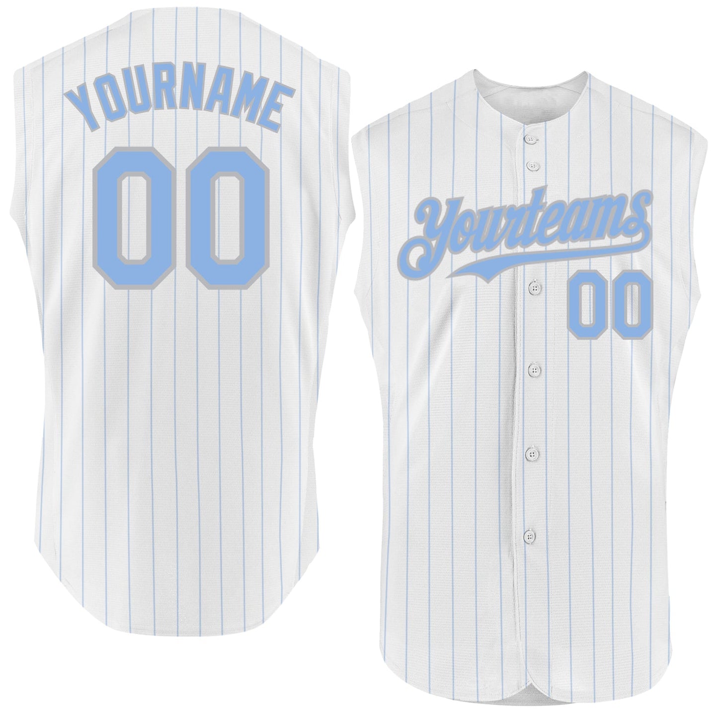 Custom White Light Blue Pinstripe Gray Authentic Sleeveless Baseball Jersey - Main View
