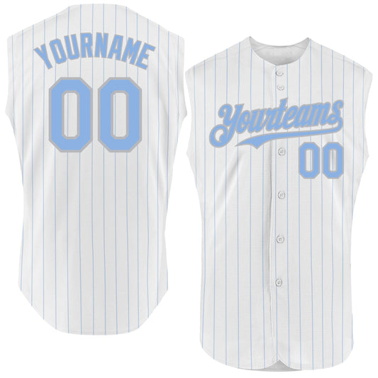 Custom White Light Blue Pinstripe Gray Authentic Sleeveless Baseball Jersey - Main View