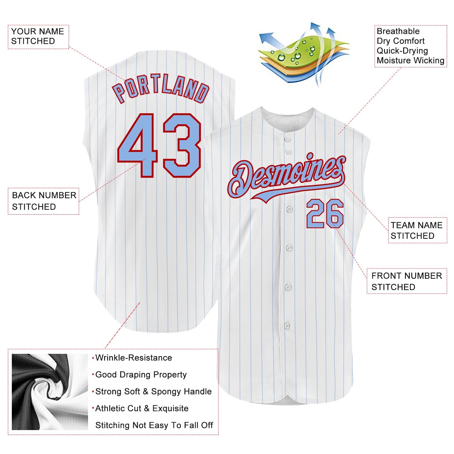 Custom White Light Blue Pinstripe Red Authentic Sleeveless Baseball Jersey view 2