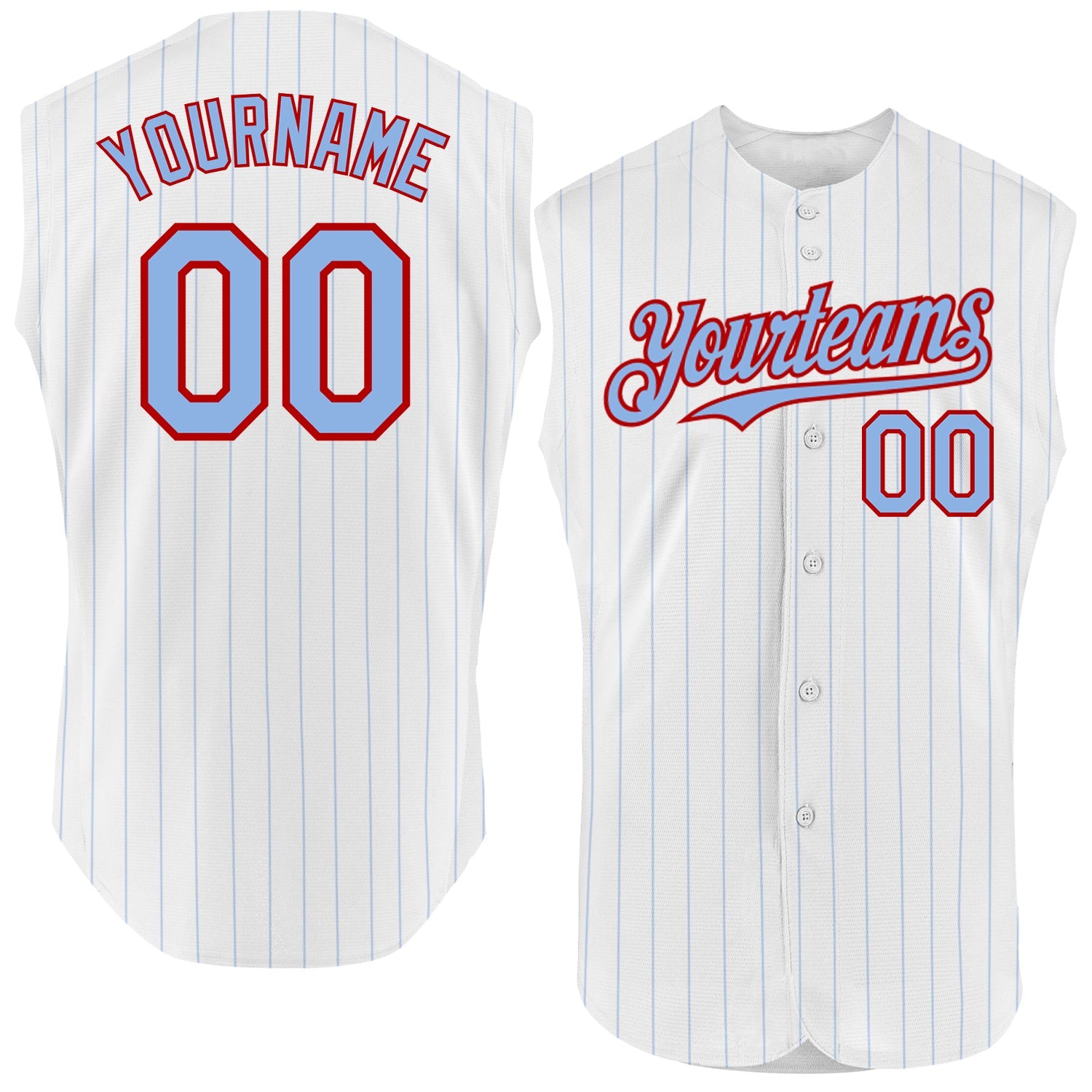 Custom White Light Blue Pinstripe Red Authentic Sleeveless Baseball Jersey - Main View