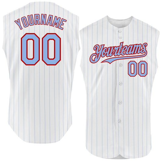 Custom White Light Blue Pinstripe Red Authentic Sleeveless Baseball Jersey - Main View