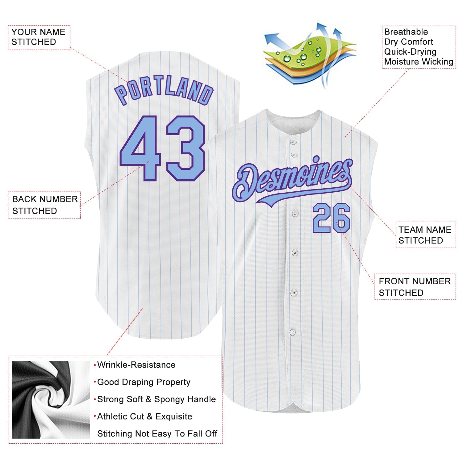 Custom White Light Blue Pinstripe Purple Authentic Sleeveless Baseball Jersey view 2