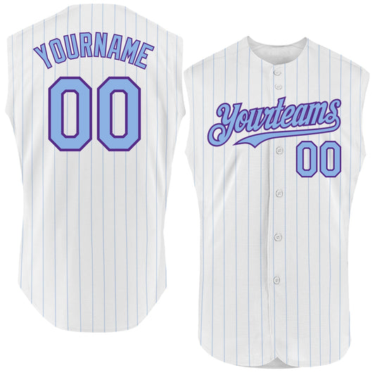 Custom White Light Blue Pinstripe Purple Authentic Sleeveless Baseball Jersey - Main View
