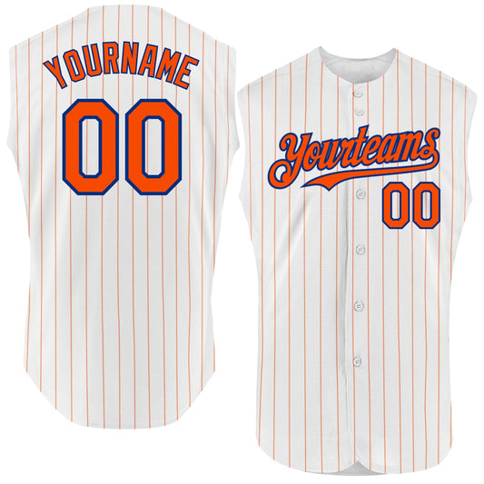 Custom White Orange Pinstripe Royal Authentic Sleeveless Baseball Jersey - Main View