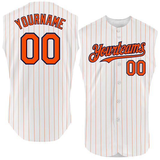 Custom White Orange Pinstripe Navy Authentic Sleeveless Baseball Jersey - Main View