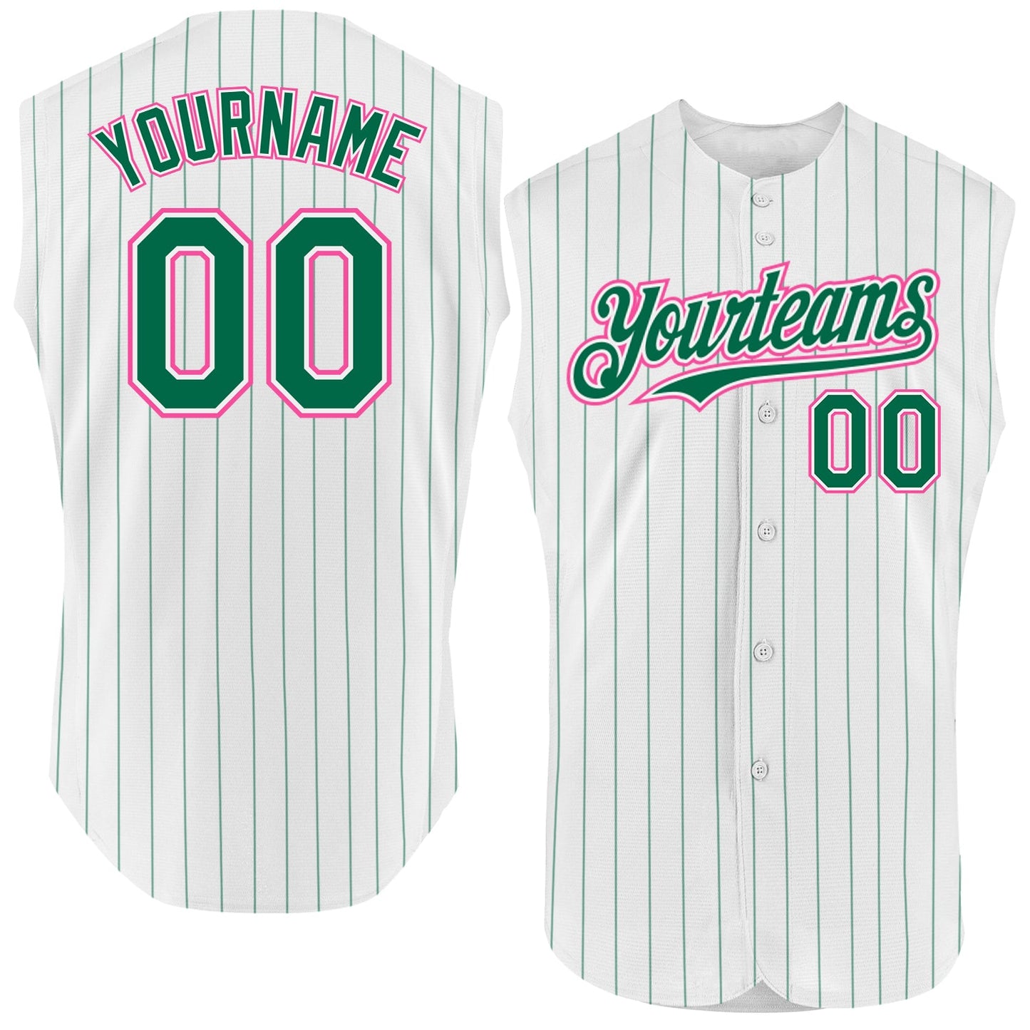 Custom White Kelly Green Pinstripe Pink Authentic Sleeveless Baseball Jersey - Main View