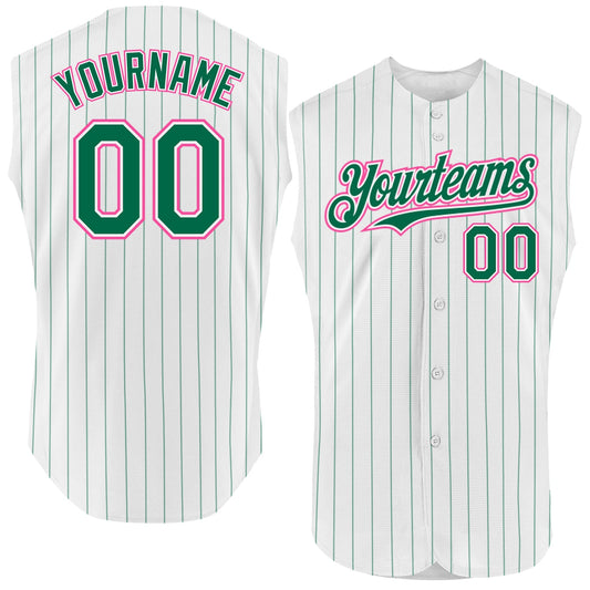 Custom White Kelly Green Pinstripe Pink Authentic Sleeveless Baseball Jersey - Main View