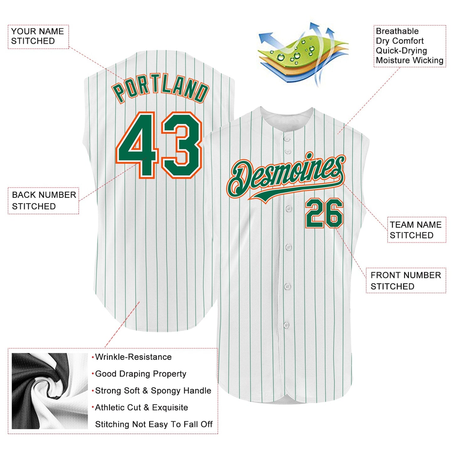 Custom White Kelly Green Pinstripe Orange Authentic Sleeveless Baseball Jersey view 2