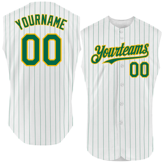 Custom White Kelly Green Pinstripe Gold Authentic Sleeveless Baseball Jersey - Main View