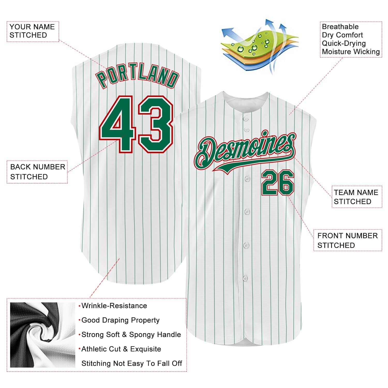 Custom White Kelly Green Pinstripe Red Authentic Sleeveless Baseball Jersey view 2
