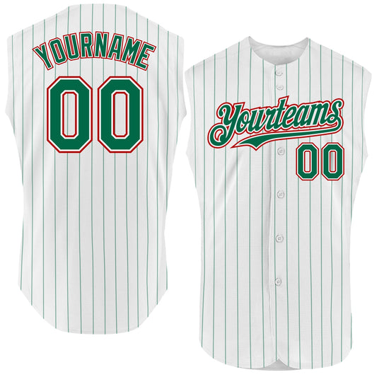 Custom White Kelly Green Pinstripe Red Authentic Sleeveless Baseball Jersey - Main View