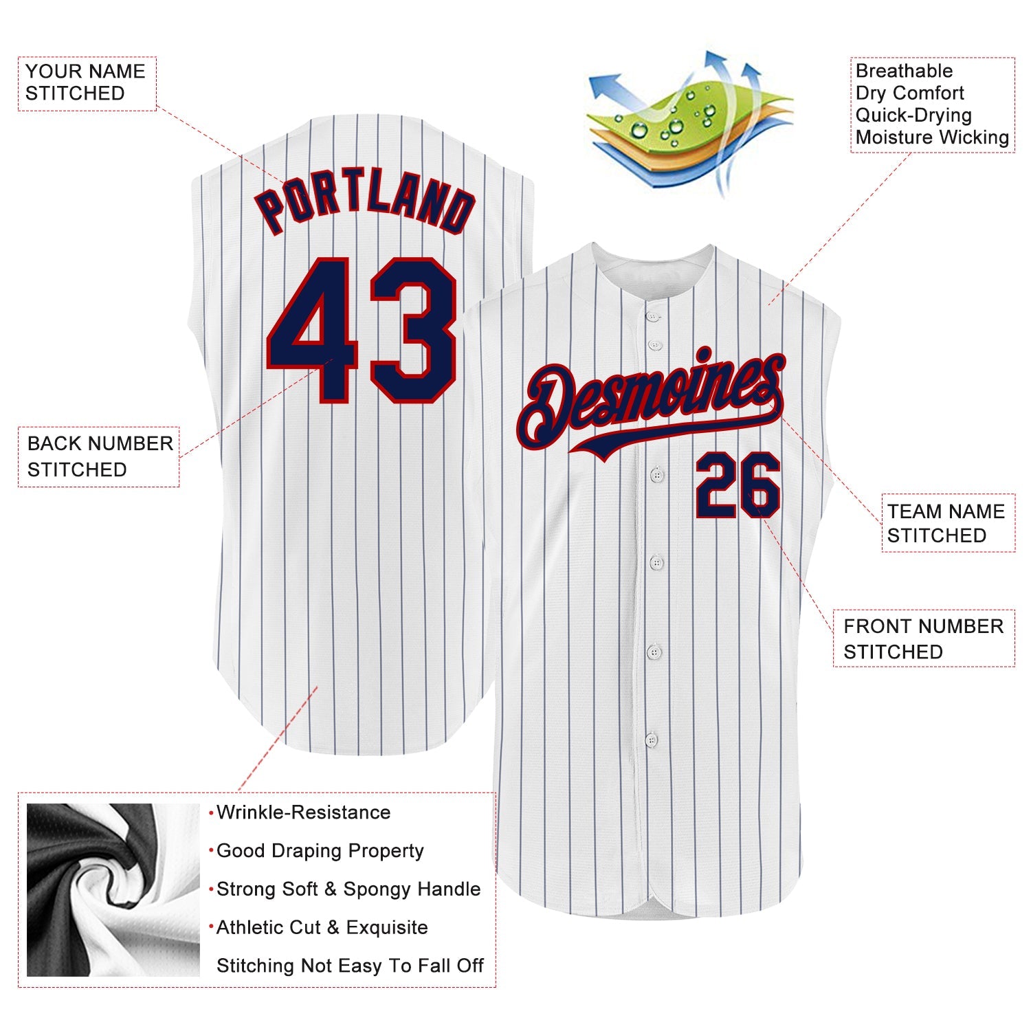 Custom White Navy Pinstripe Red Authentic Sleeveless Baseball Jersey view 2