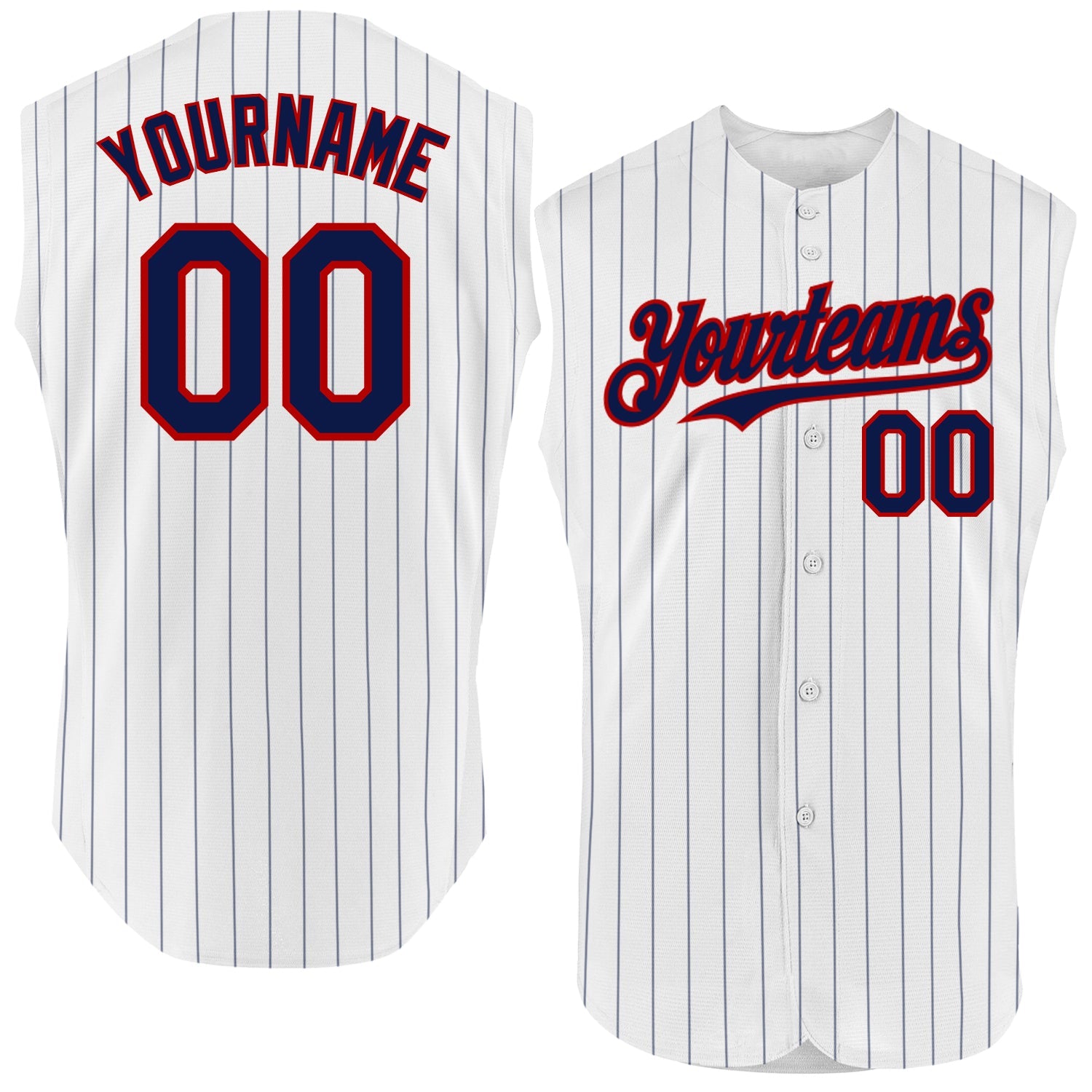 Custom White Navy Pinstripe Red Authentic Sleeveless Baseball Jersey - Main View