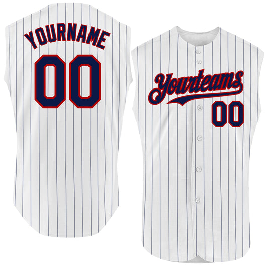 Custom White Navy Pinstripe Red Authentic Sleeveless Baseball Jersey - Main View