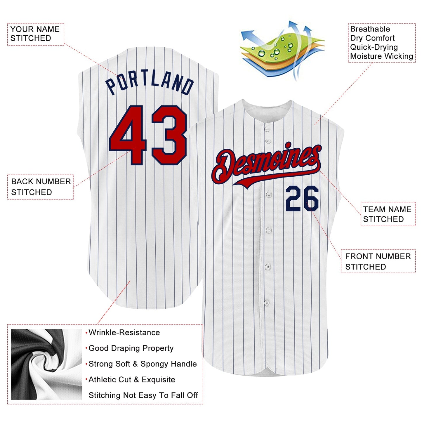 Custom White Navy Pinstripe Red Authentic Sleeveless Baseball Jersey view 2