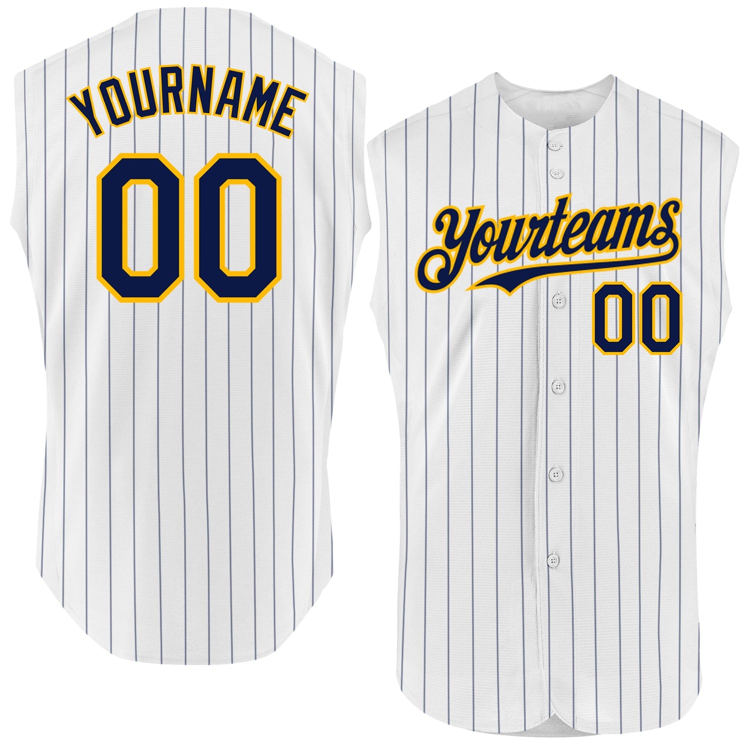 Custom White Navy Pinstripe Gold Authentic Sleeveless Baseball Jersey - Main View