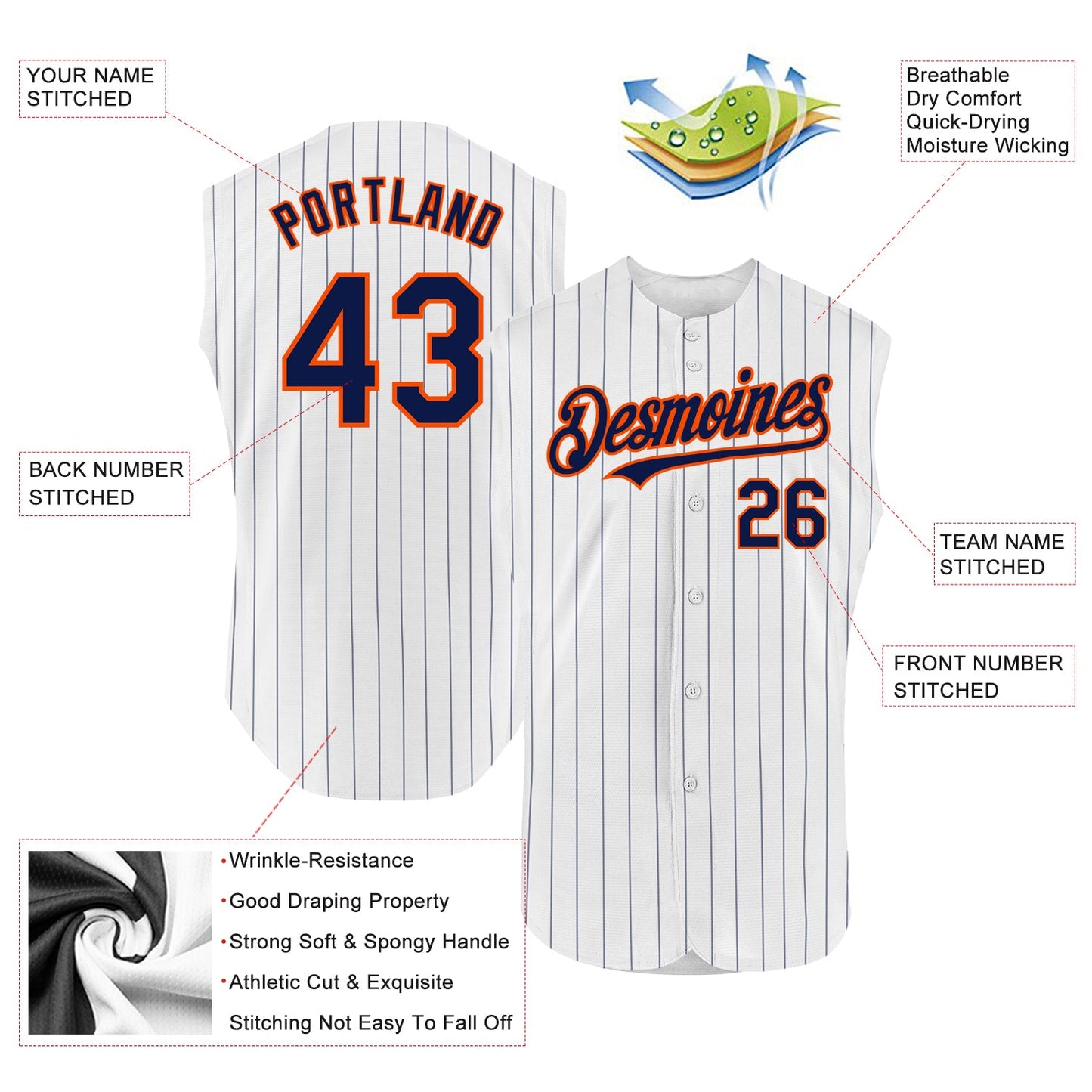 Custom White Navy Pinstripe Orange Authentic Sleeveless Baseball Jersey view 2