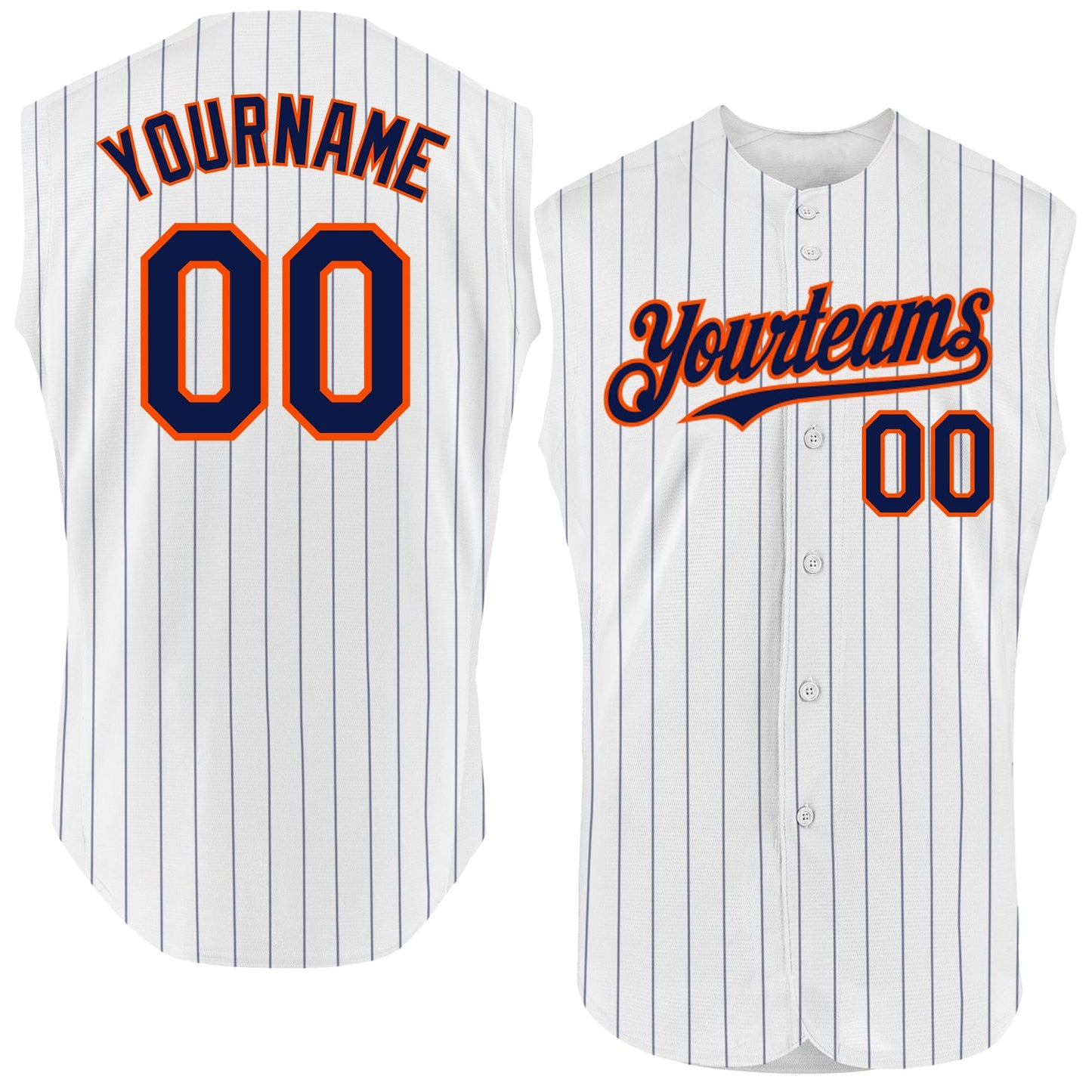 Custom White Navy Pinstripe Orange Authentic Sleeveless Baseball Jersey - Main View