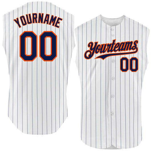 Custom White Navy Pinstripe Orange Authentic Sleeveless Baseball Jersey - Main View
